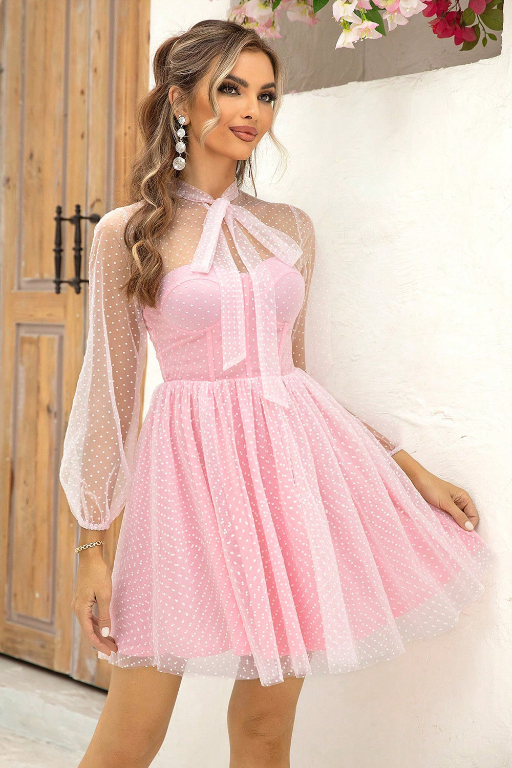 Tie Neck Open Back Mesh Dress - Blushé Belle