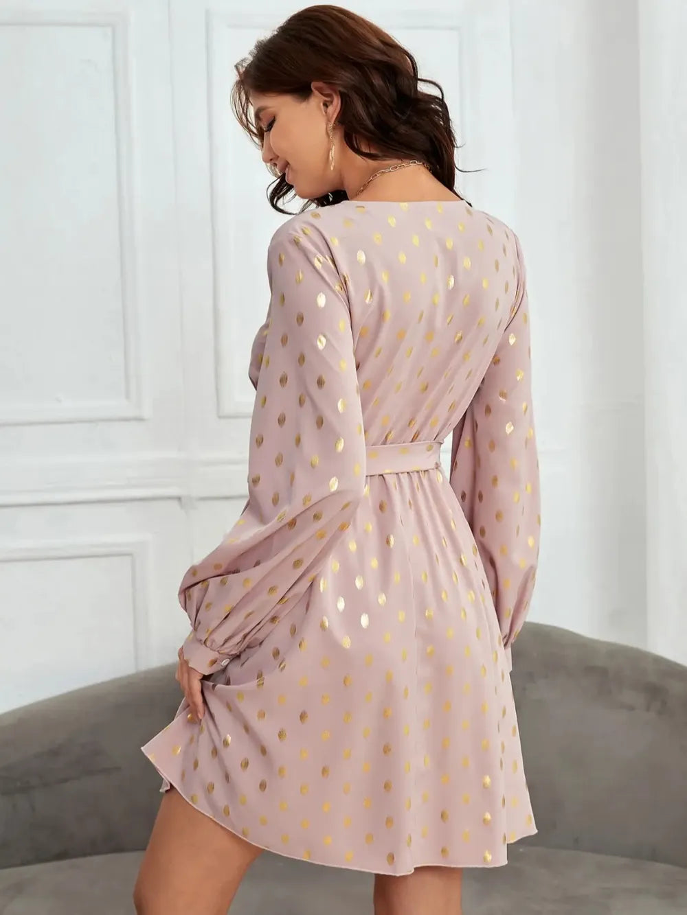 Tied Printed Surplice Long Sleeve Dress - Blushé Belle