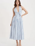 Striped Halter Neck Midi Dress with Tie Front Detail - Blushé Belle