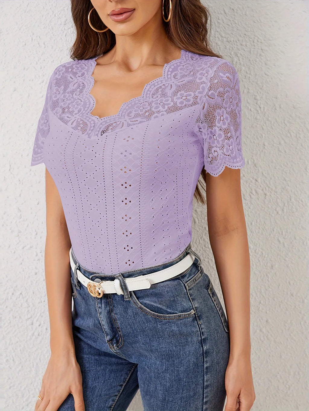 Lace Trim Eyelet Embroidered Summer T-Shirt - Blushé Belle