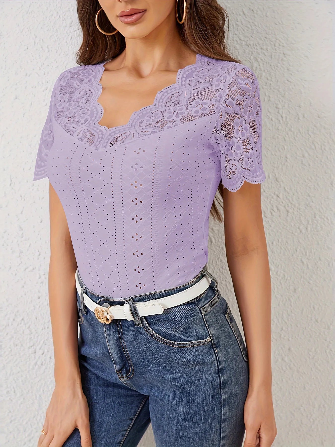 Lace Trim Eyelet Embroidered Summer T-Shirt - Blushé Belle