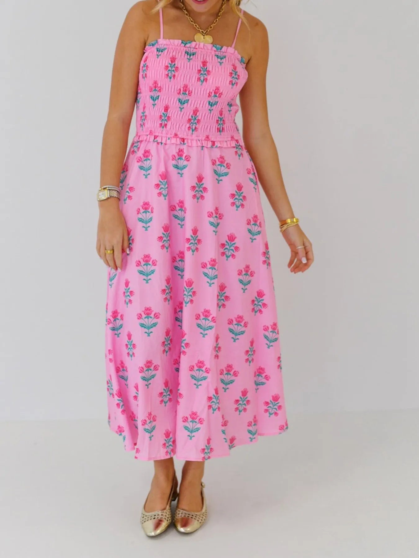 Floral Smocked Adjustable Strap Midi Cami Dress - Blushé Belle