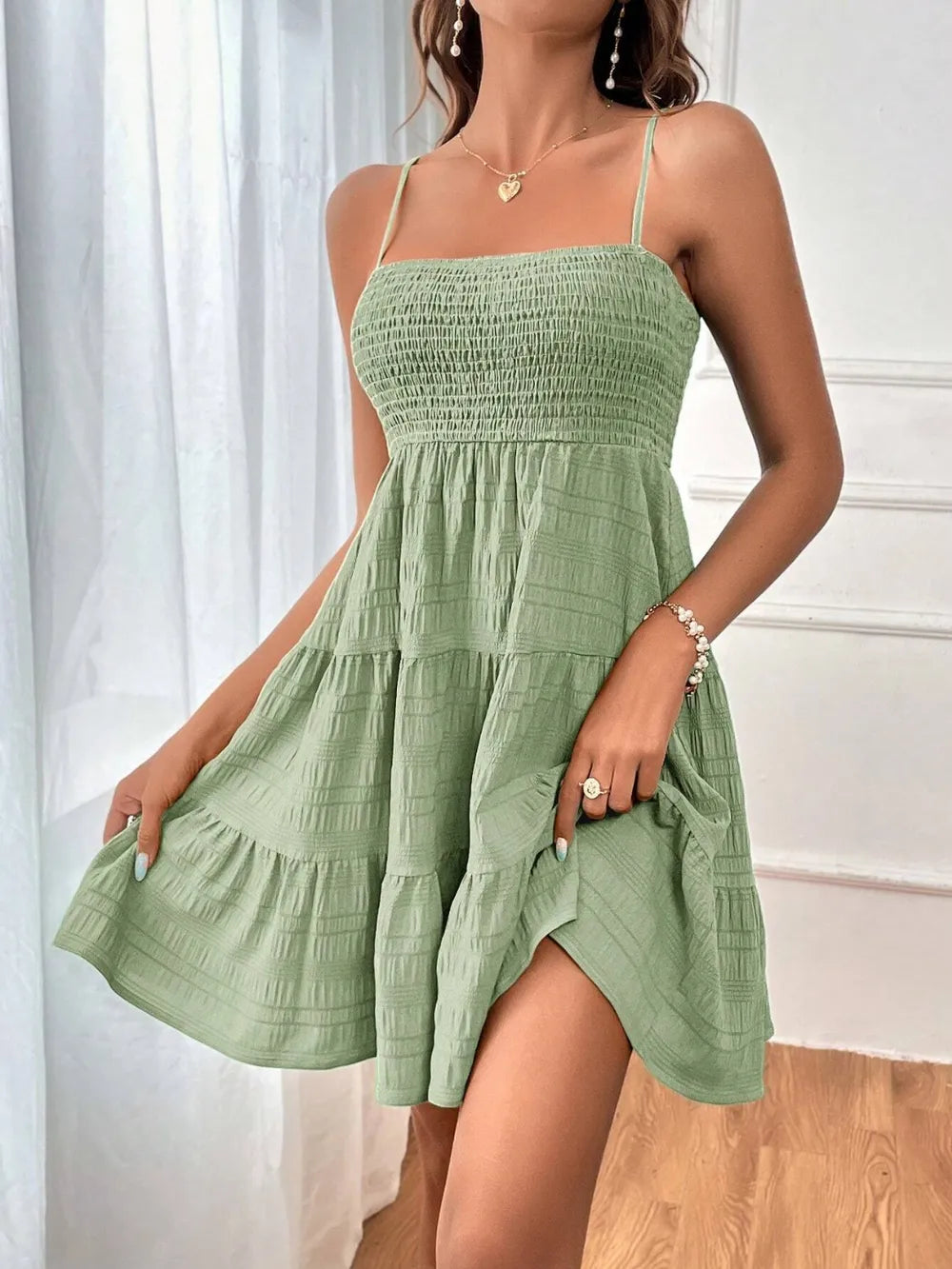 Smocked Tiered Sleeveless Mini Dress - Blushé Belle