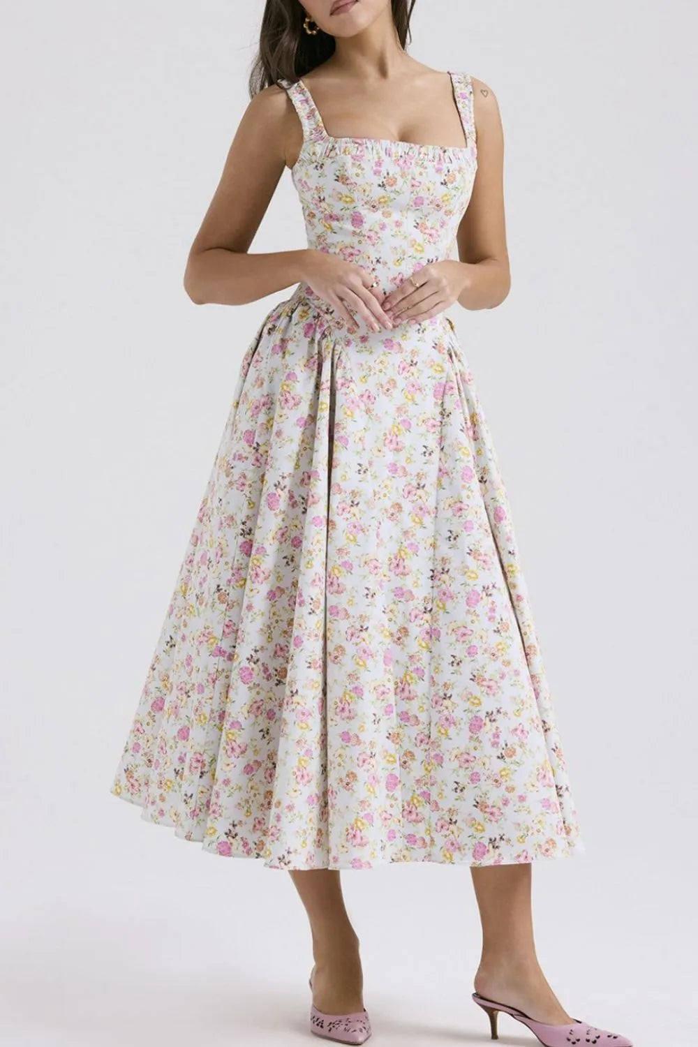 Floral Square Neck Wide Strap Midi Dress - Blushé Belle
