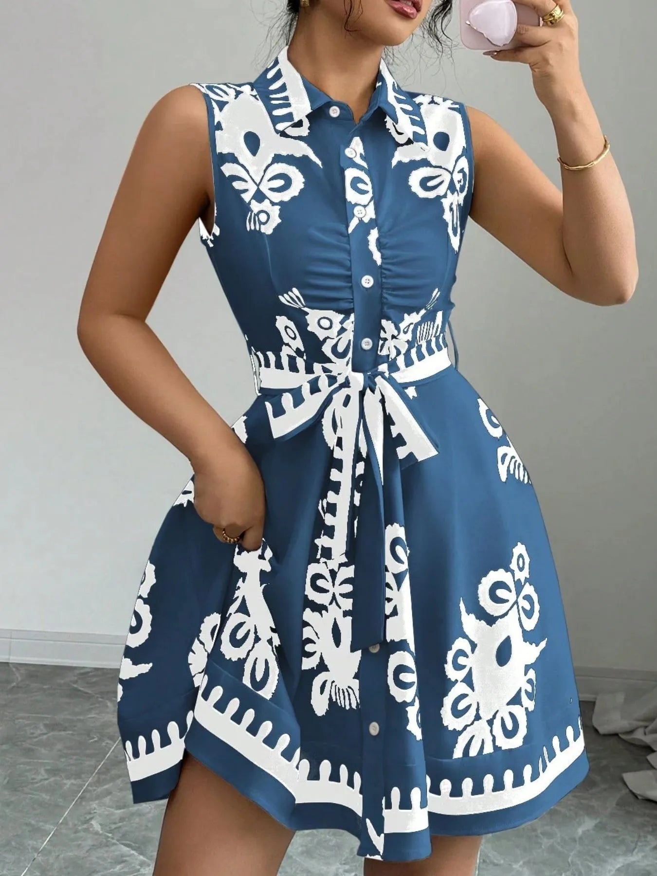 Printed Sleeveless Tie Waist Mini Dress - Blushé Belle