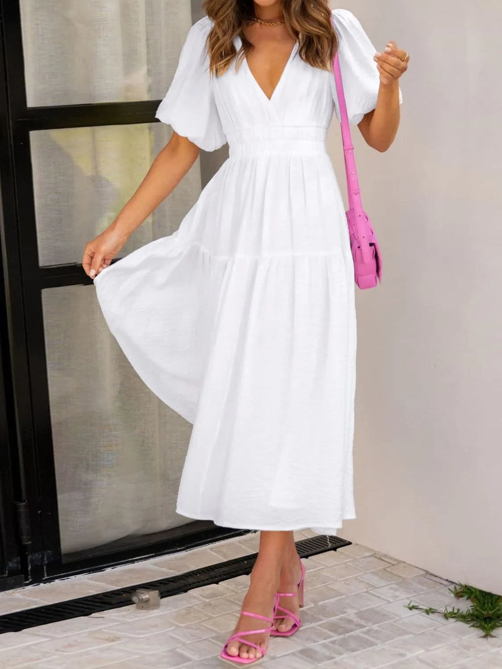 V-Neck Puff Sleeve Midi Dress - Blushé Belle