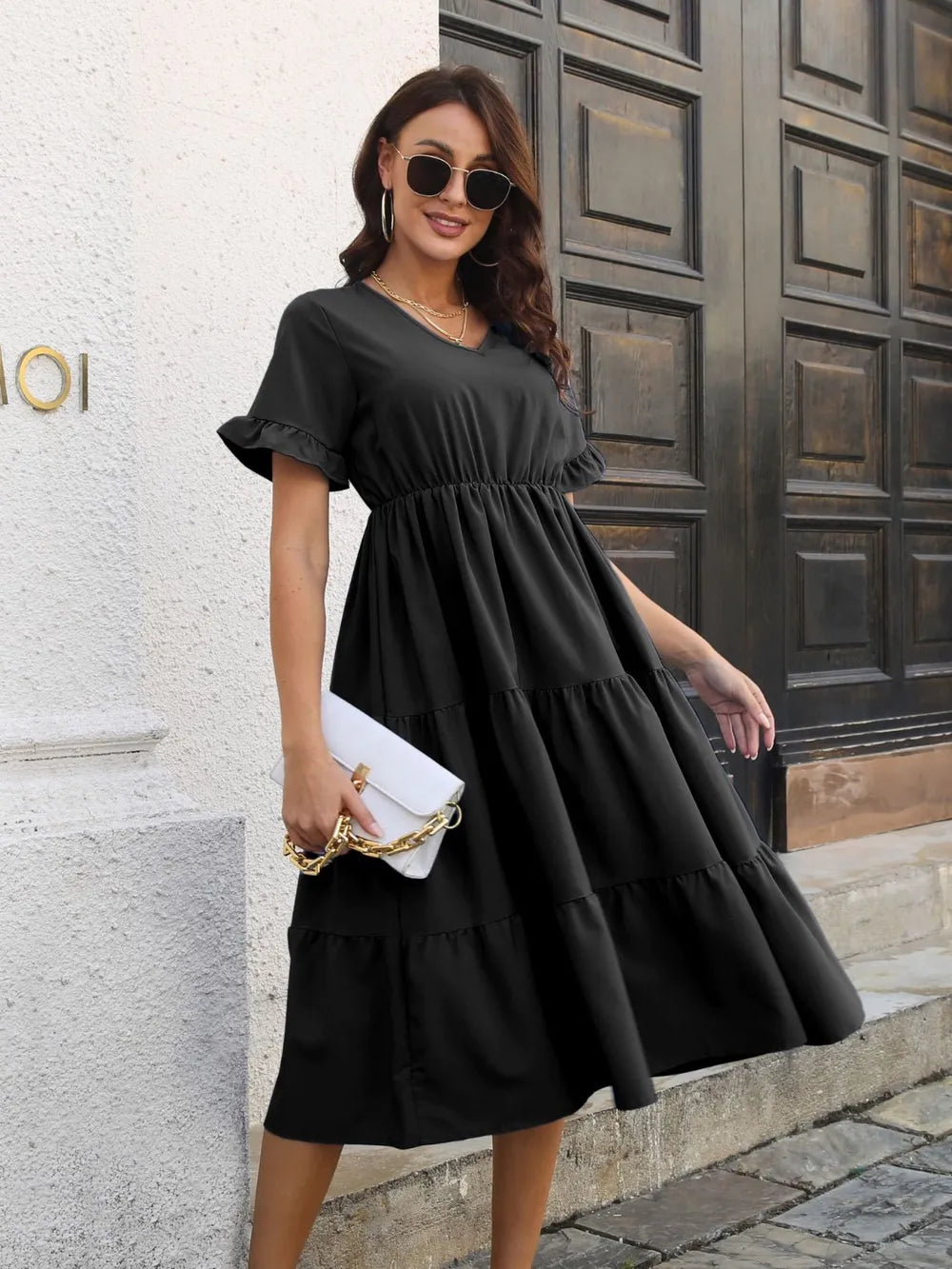 V-Neck Short Sleeve Midi Dress - Blushé Belle