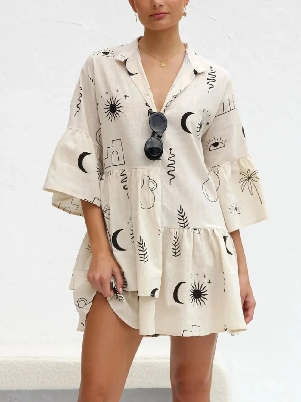 Printed Collared Neck Three-Quarter Sleeve Mini Dress - Blushé Belle