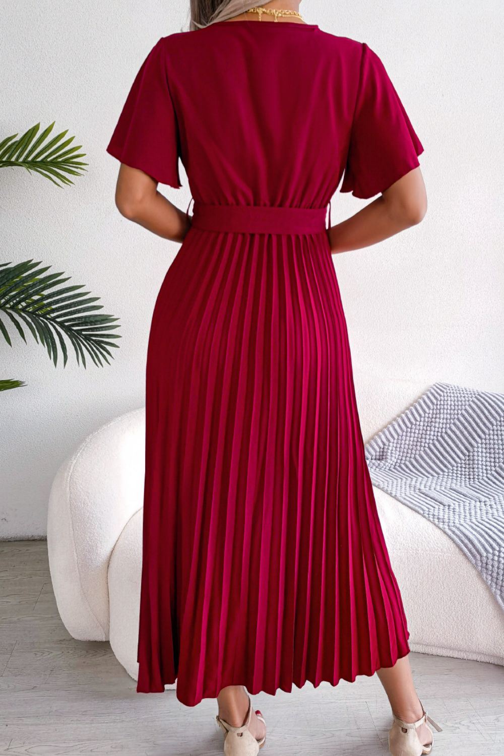 Pleated Flutter Sleeve Belted Dress - Blushé Belle
