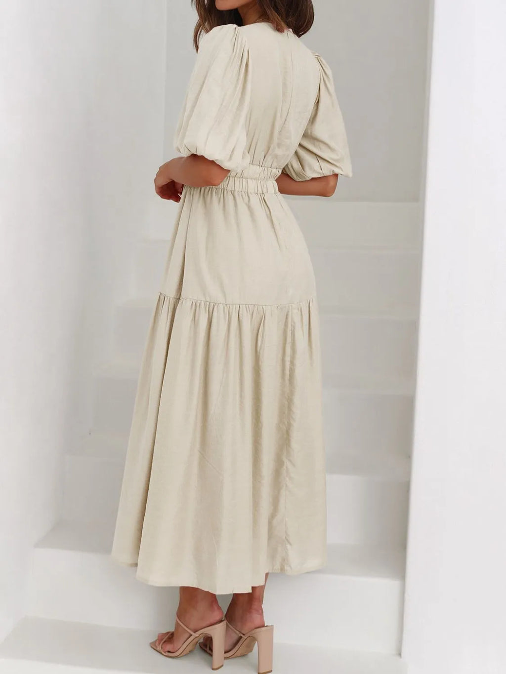 V-Neck Puff Sleeve Midi Dress - Blushé Belle