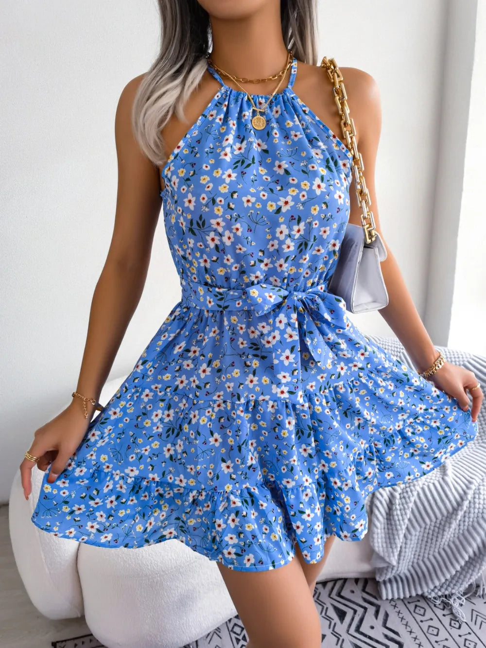 Tied Printed Grecian Neck Mini Dress - Blushé Belle