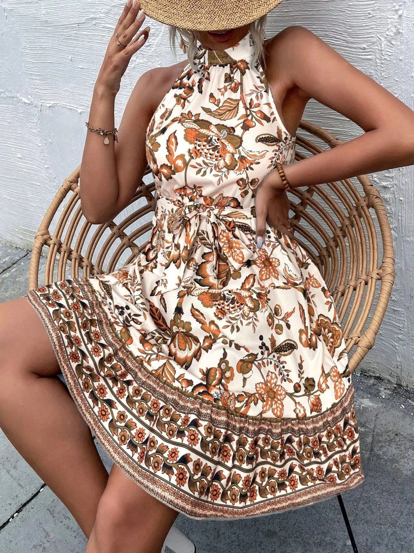 Floral Halter Neck Summer Dress with Belt - Blushé Belle