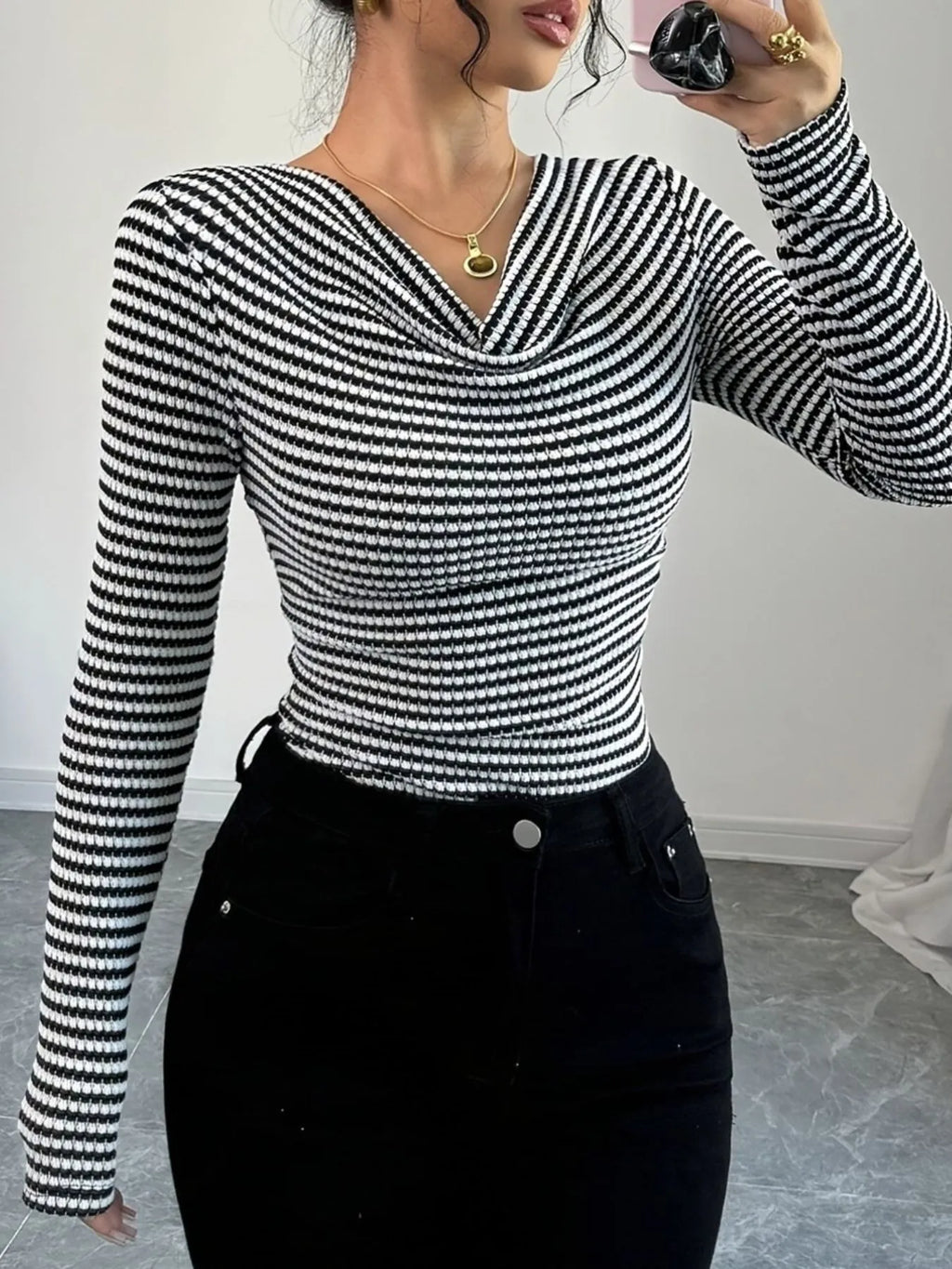 Striped Cowl Neck Long Sleeve T-Shirt - Blushé Belle