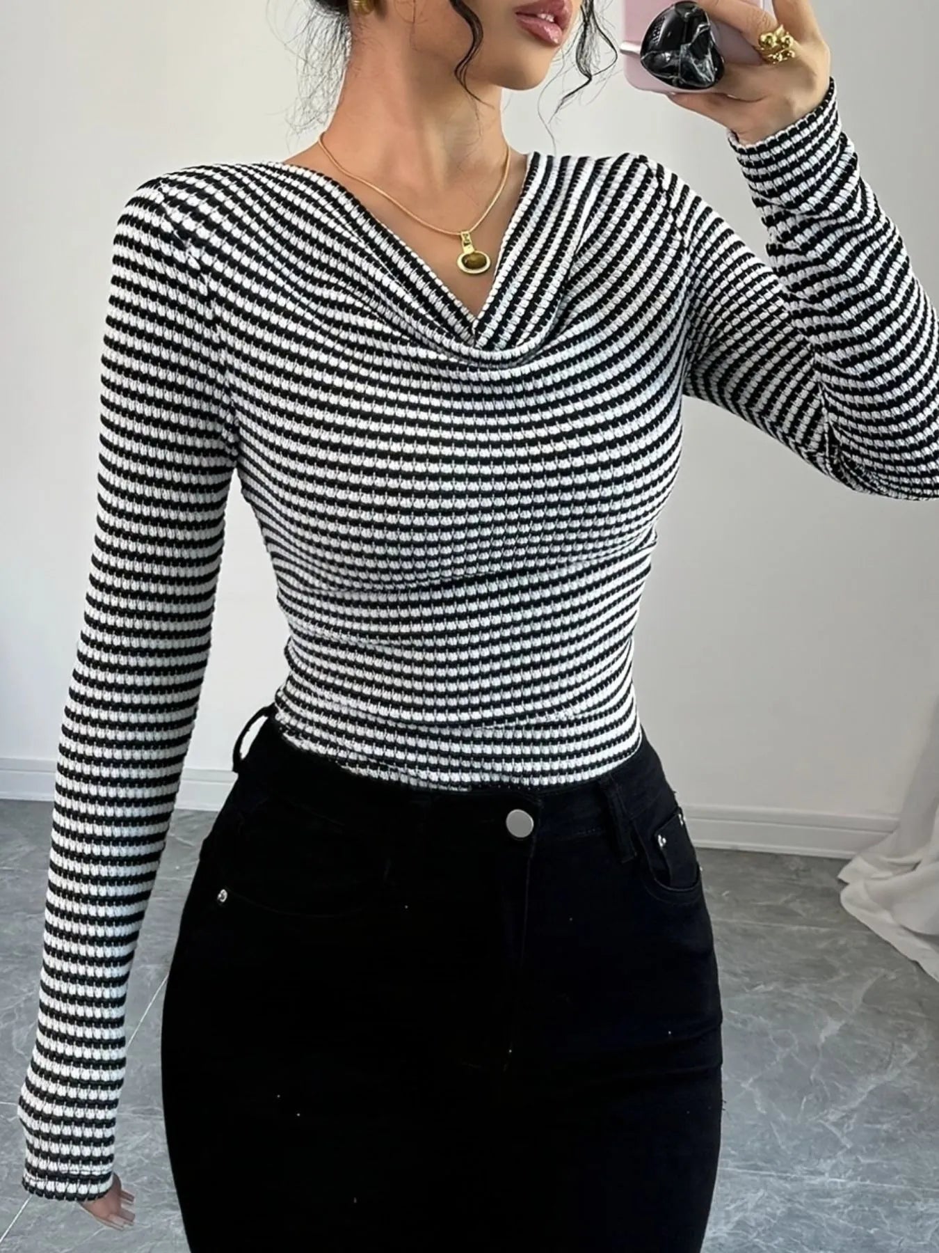 Striped Cowl Neck Long Sleeve T-Shirt - Blushé Belle