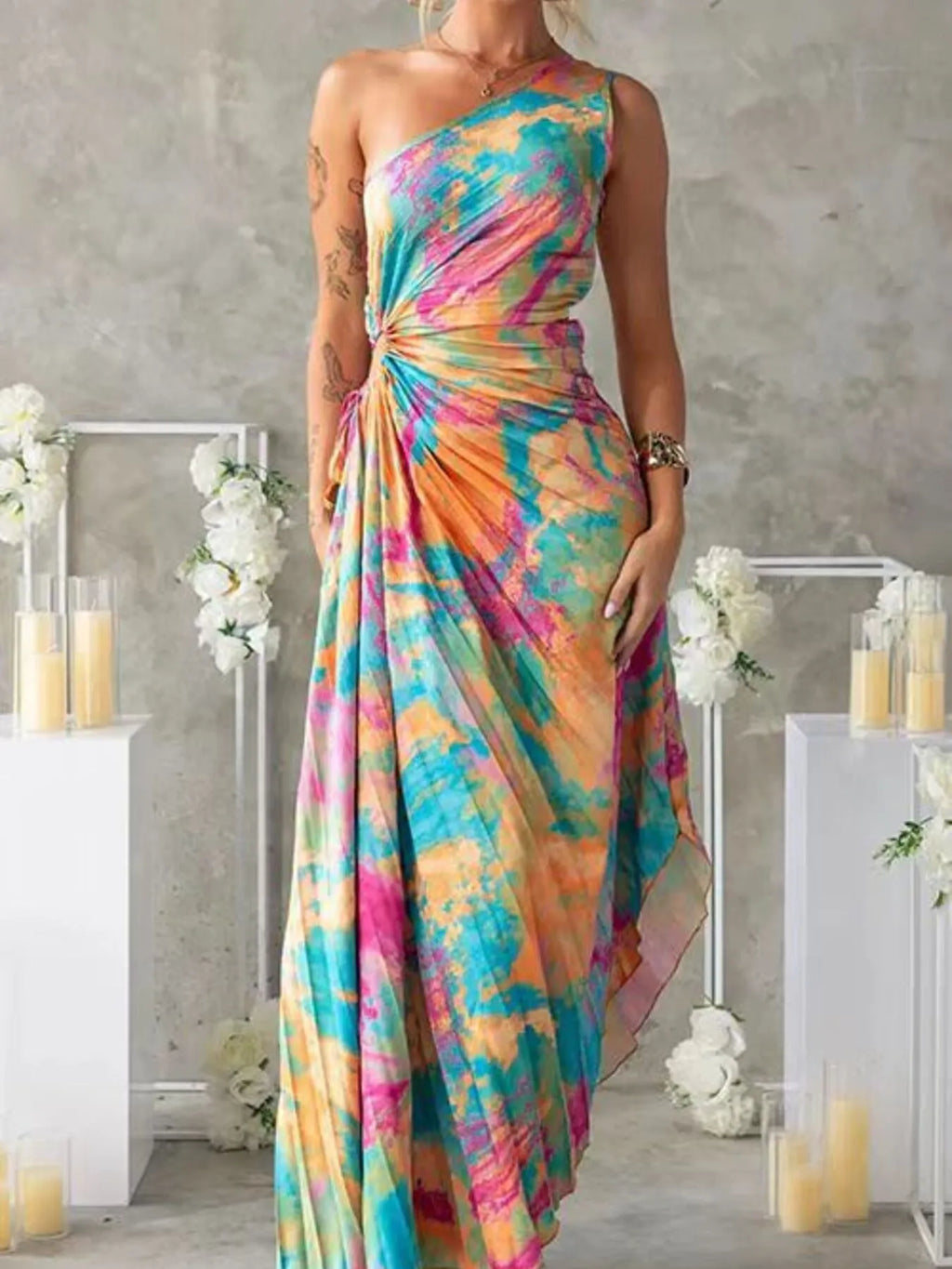 Printed One Shoulder Asymmetrical Maxi Dress - Blushé Belle