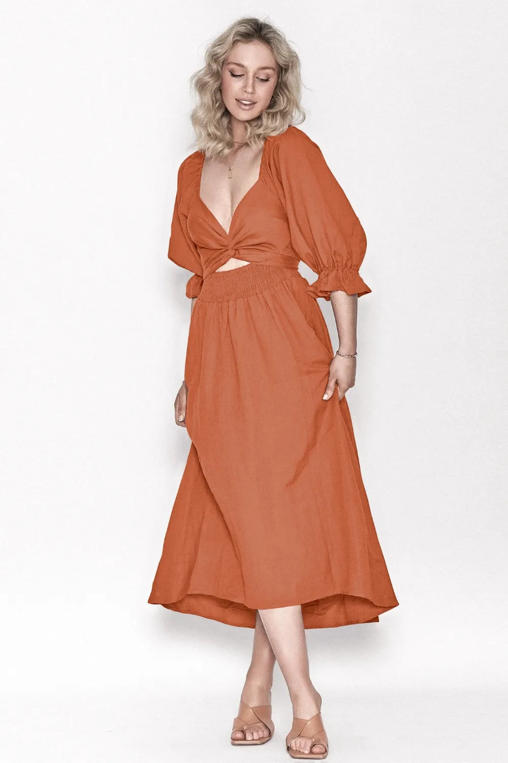 Smocked Tied Flounce Sleeve Midi Dress - Blushé Belle