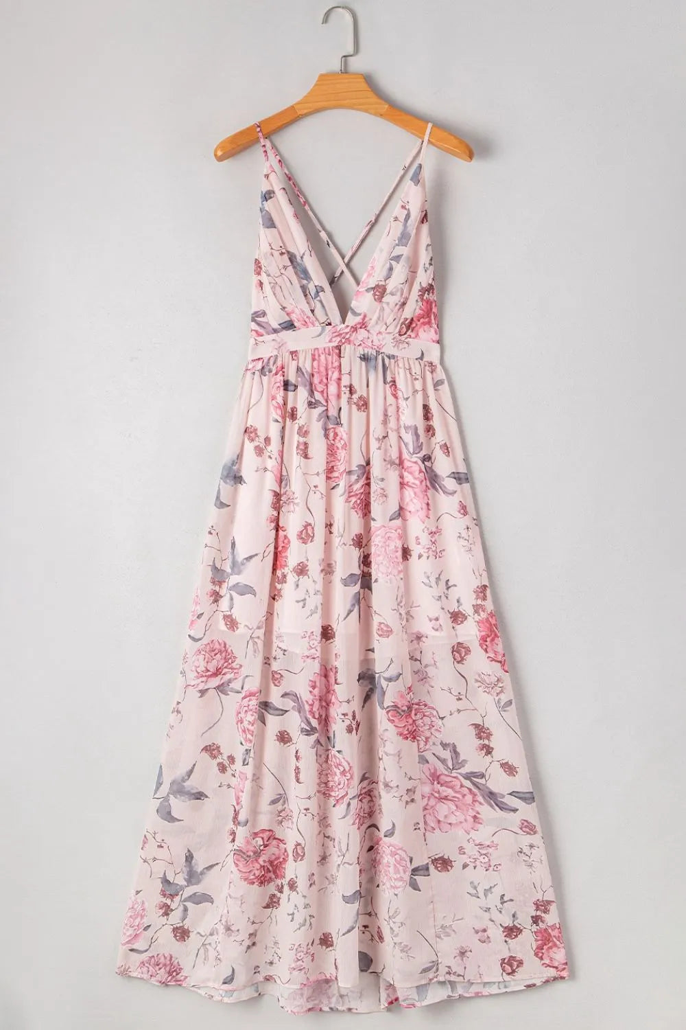 Floral Pleated Deep V Backless Maxi Dress - Blushé Belle