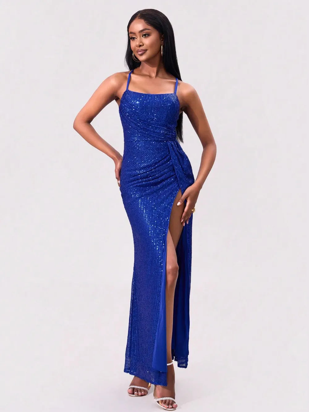 Slit Sequin Square Neck Spaghetti Strap Dress - Blushé Belle