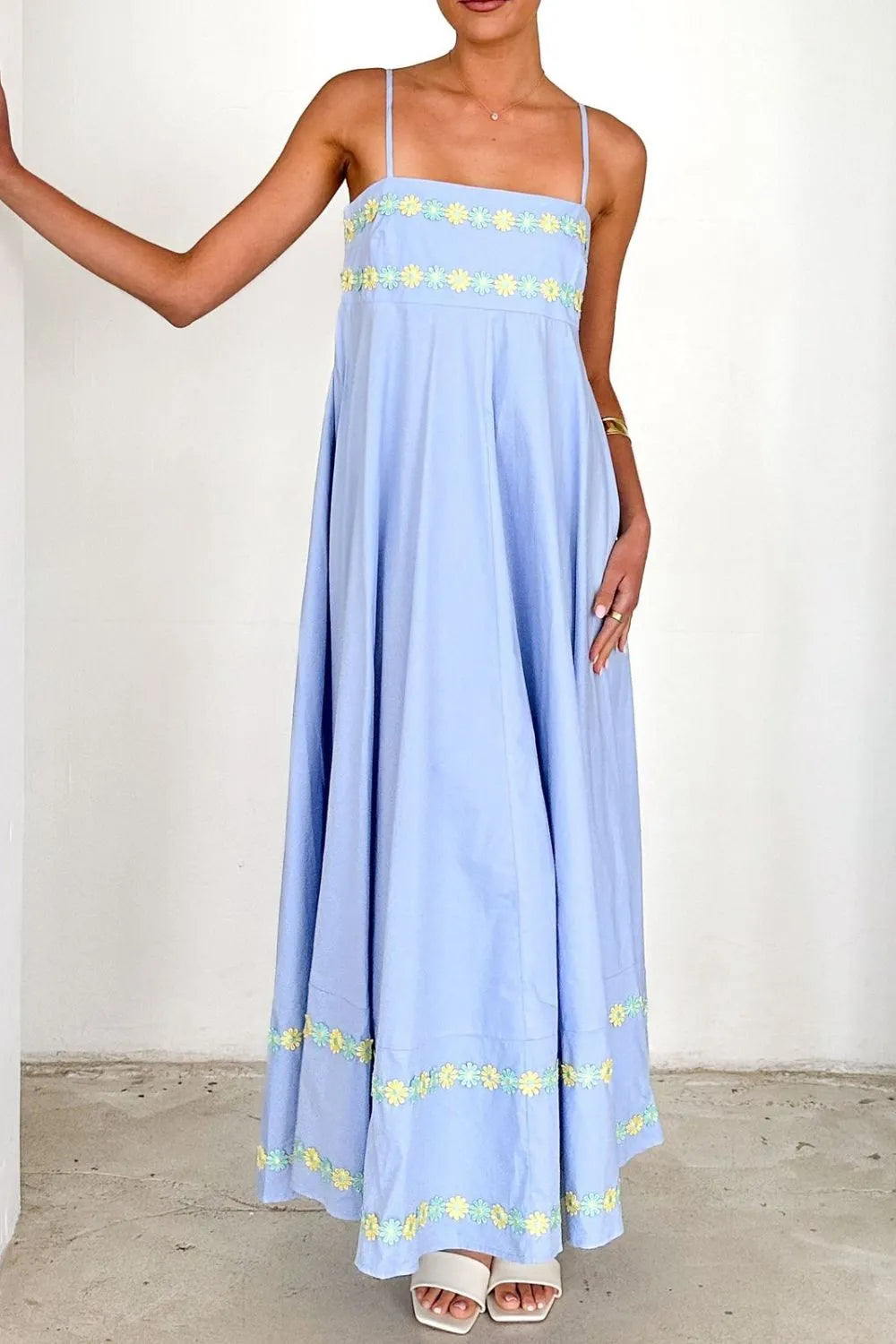 Floral Embroidered Spaghetti Strap Maxi Dress - Blushé Belle