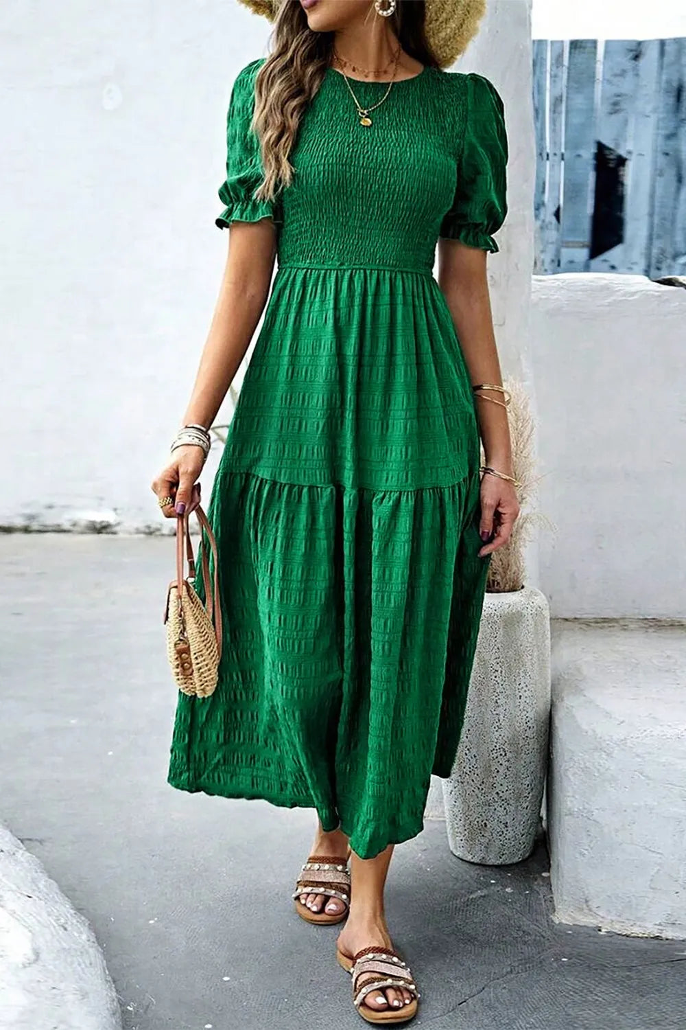 Smocked Puff Sleeve Midi Dress - Blushé Belle