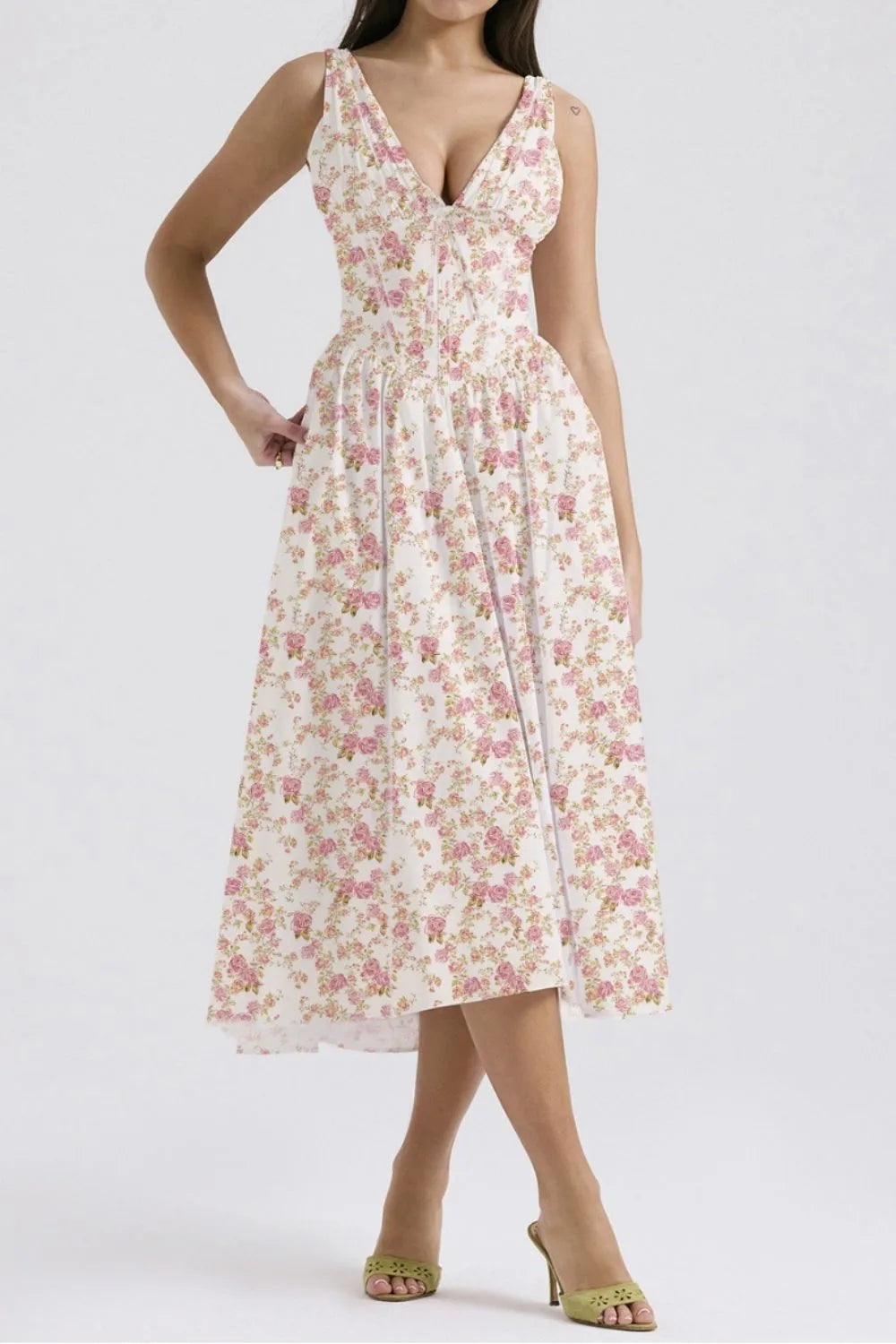 Floral V-Neck Sleeveless Midi Dress with Pockets - Blushé Belle