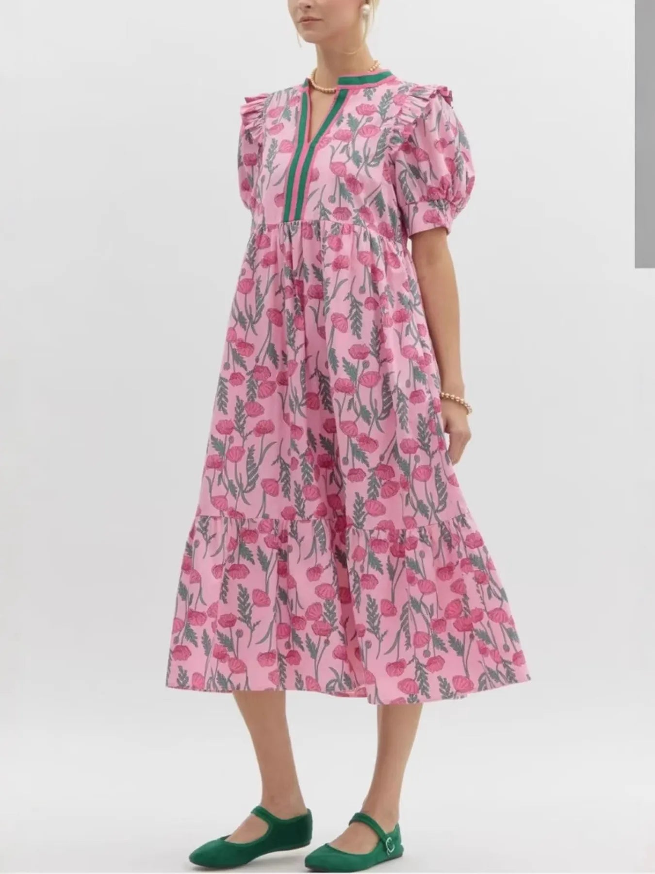 Floral Puff Sleeve Midi Dress with Contrast Trim - Blushé Belle