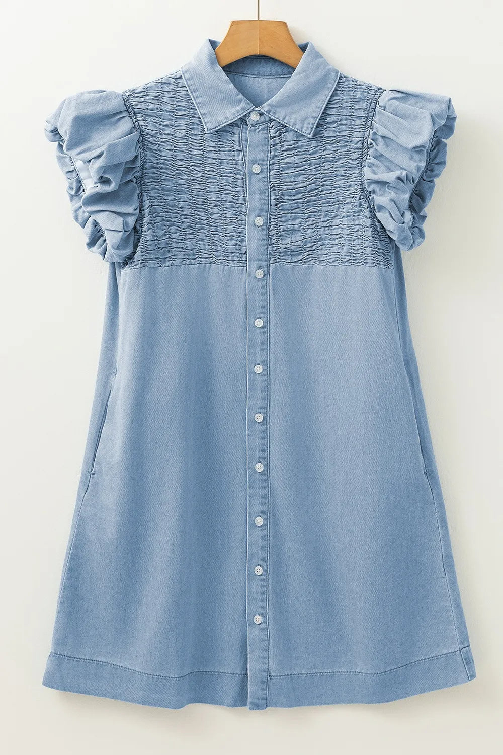 Smocked Collared Neck Cap Sleeve Denim Dress - Blushé Belle