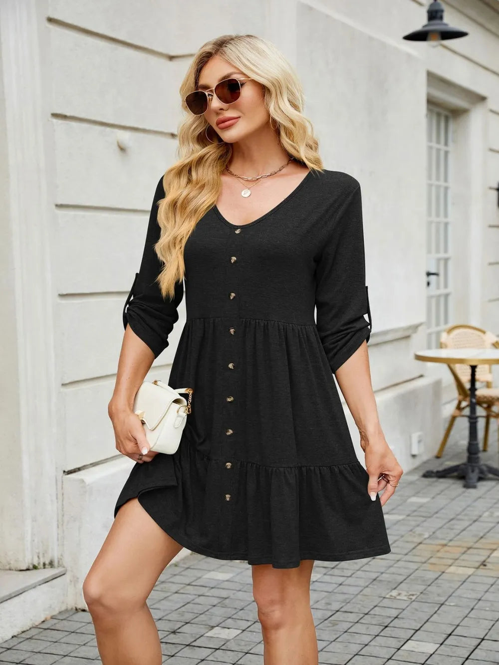 Tiered Ruched V-Neck Mini Dress - Blushé Belle