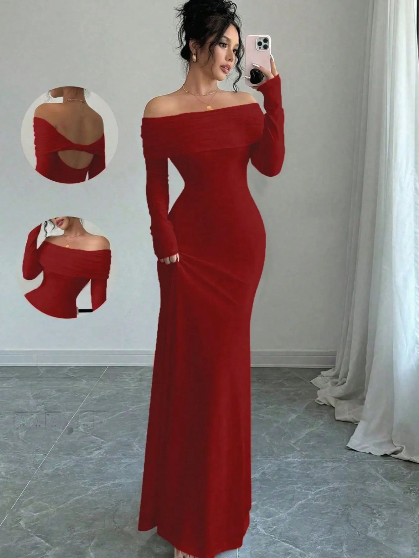 Off-Shoulder Long Sleeve Bodycon Maxi Dress - Blushé Belle