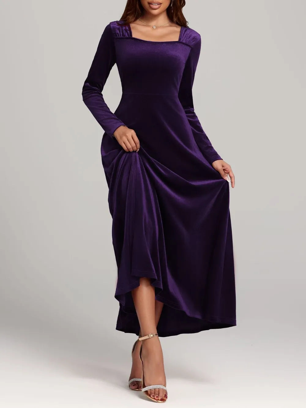 Square Neck Long Sleeve Velvet Dress - Blushé Belle