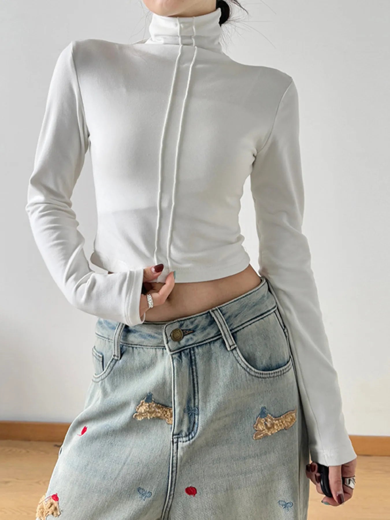 High Neck Long Sleeve Cropped T-Shirt - Blushé Belle