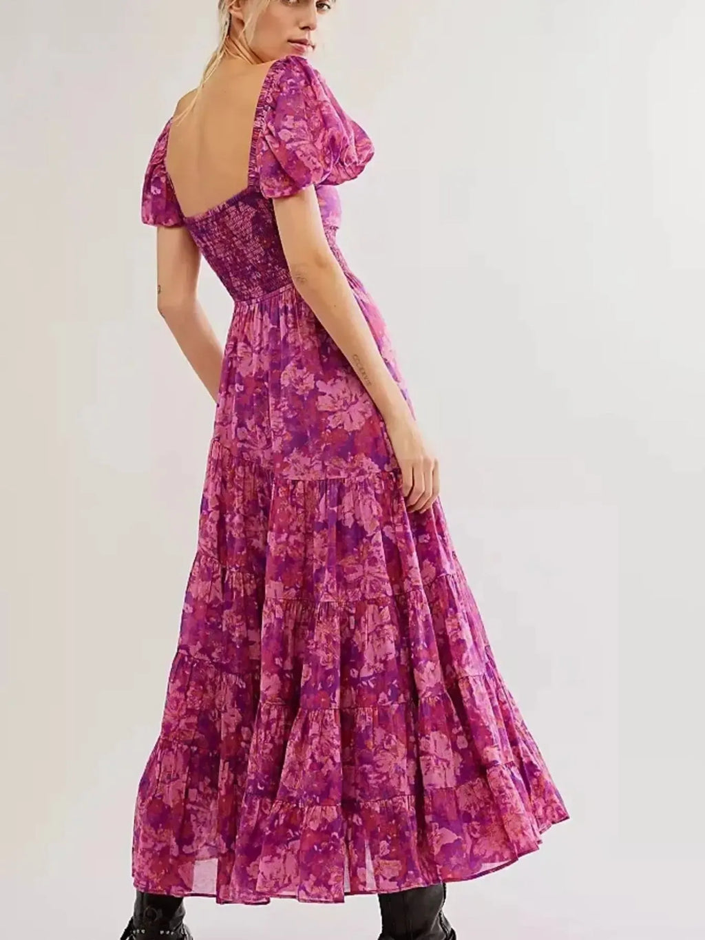 Printed Sweetheart Neck Puff Sleeve Maxi Dress - Blushé Belle