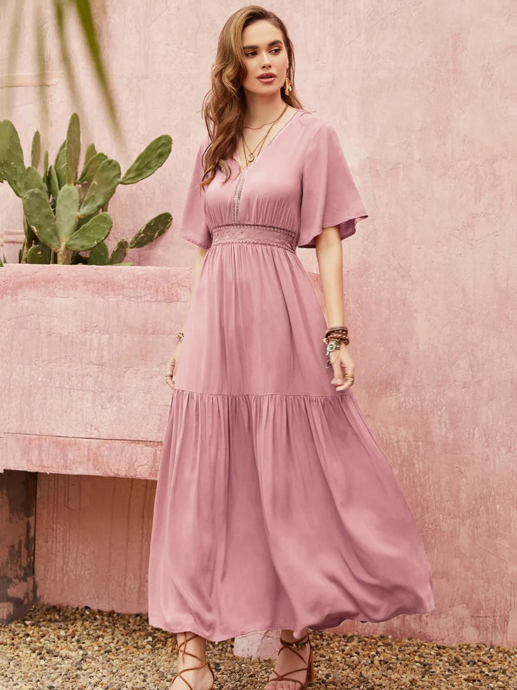 Lace Detail V-Neck Short Sleeve Dress - Blushé Belle