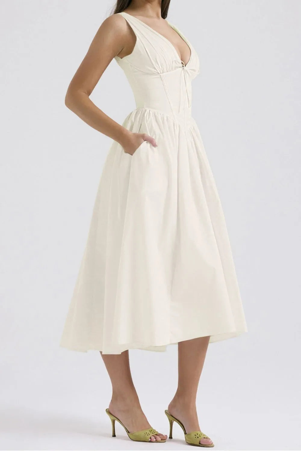 Ruched V-Neck Sleeveless Dress with Pockets - Blushé Belle