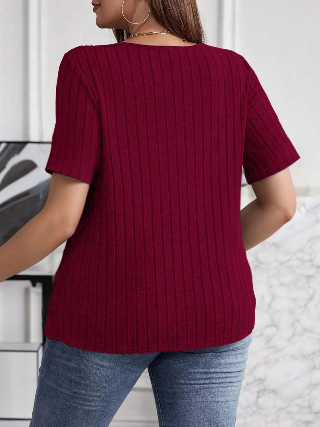 Plus Size V-Neck Short Sleeve Ribbed T-Shirt - Blushé Belle