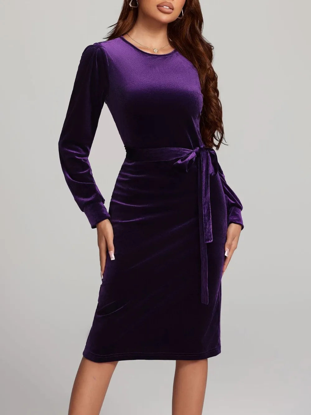Round Neck Tie Waist Long Sleeve Velvet Dress - Blushé Belle