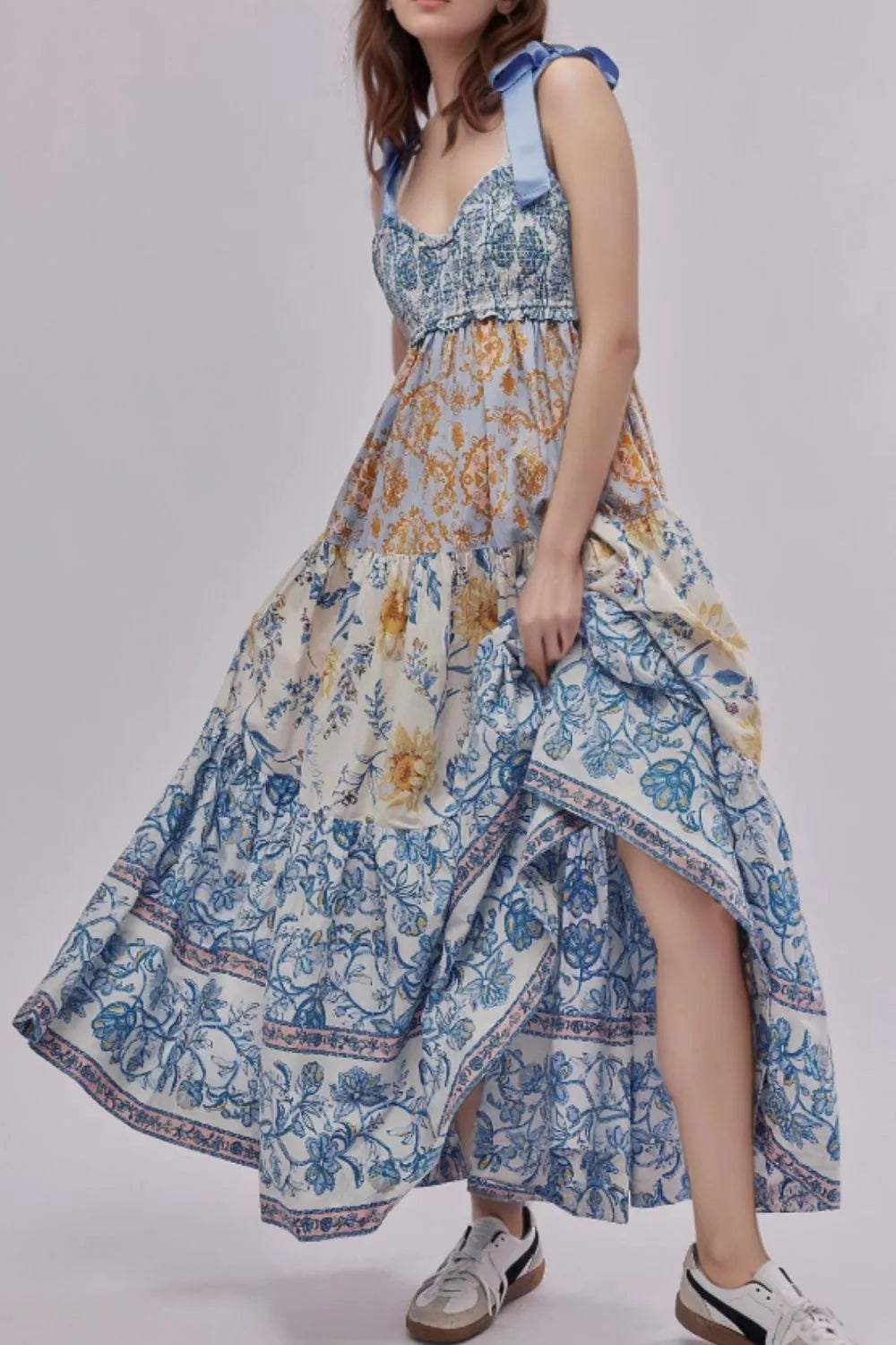 Floral Tiered Maxi Dress with Mixed Print Design - Blushé Belle