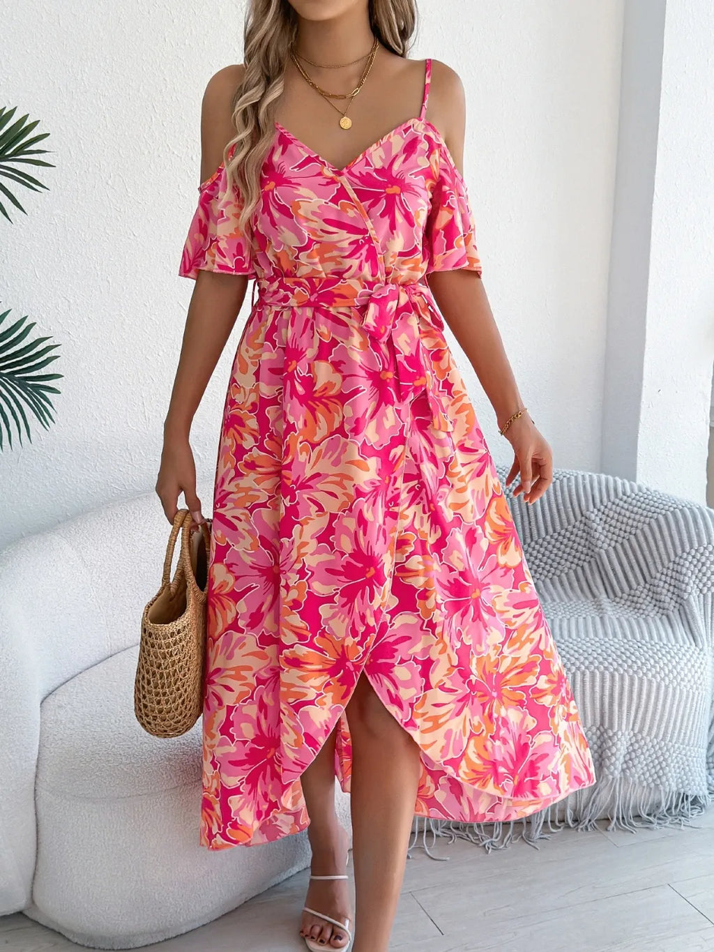 Printed Cold Shoulder Midi Cami Dress - Blushé Belle