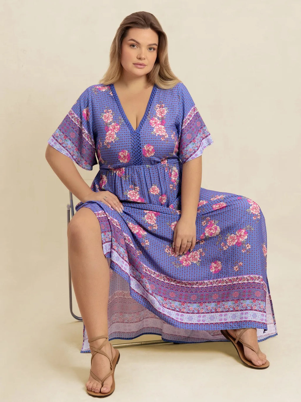 Plus Size Printed V-Neck Flutter Sleeve Dress - Blushé Belle