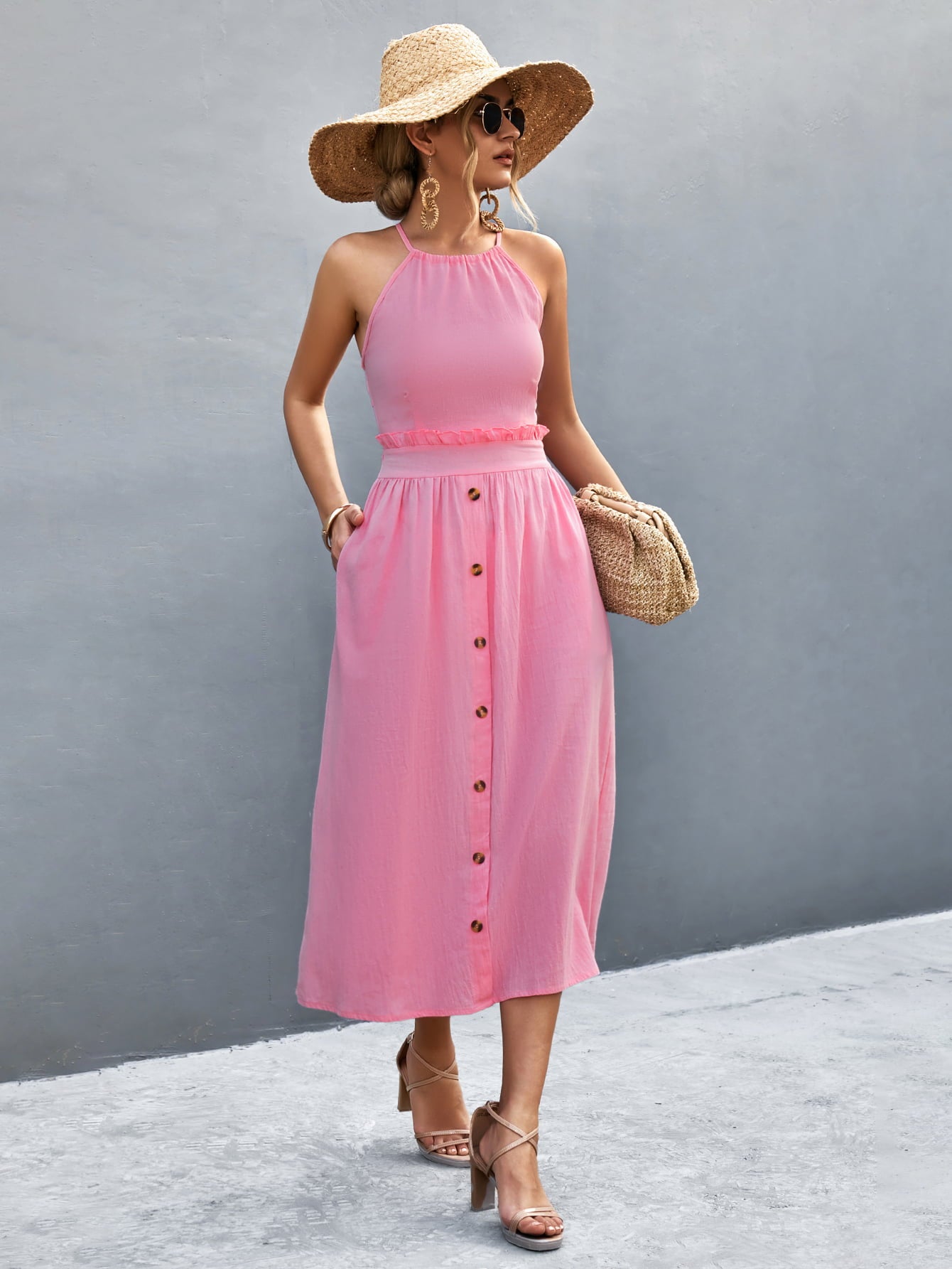Buttoned Halter Neck Frill Trim Midi Dress - Blushé Belle