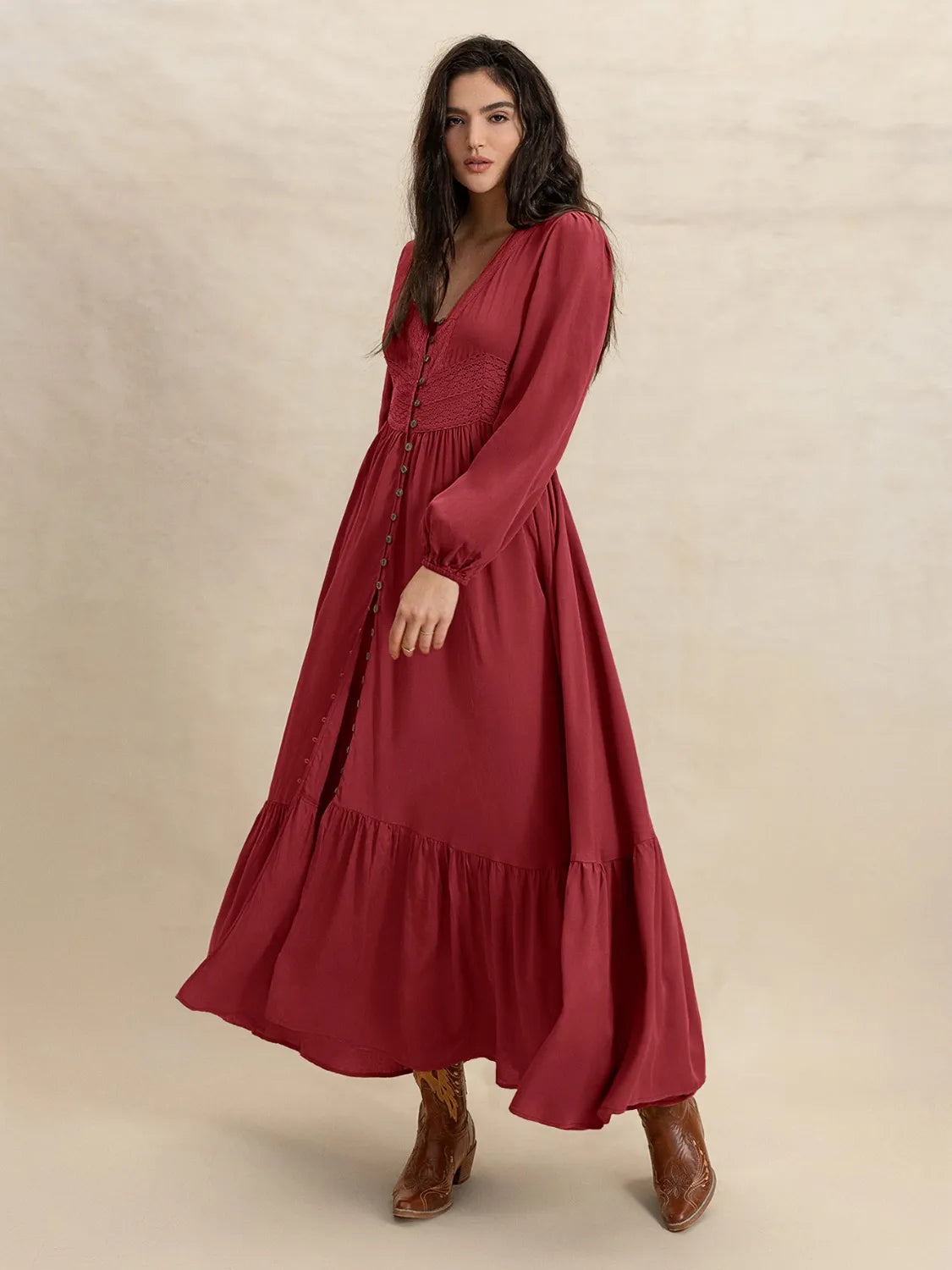 V-Neck Balloon Sleeve Ruffled Hem Maxi Dress - Blushé Belle
