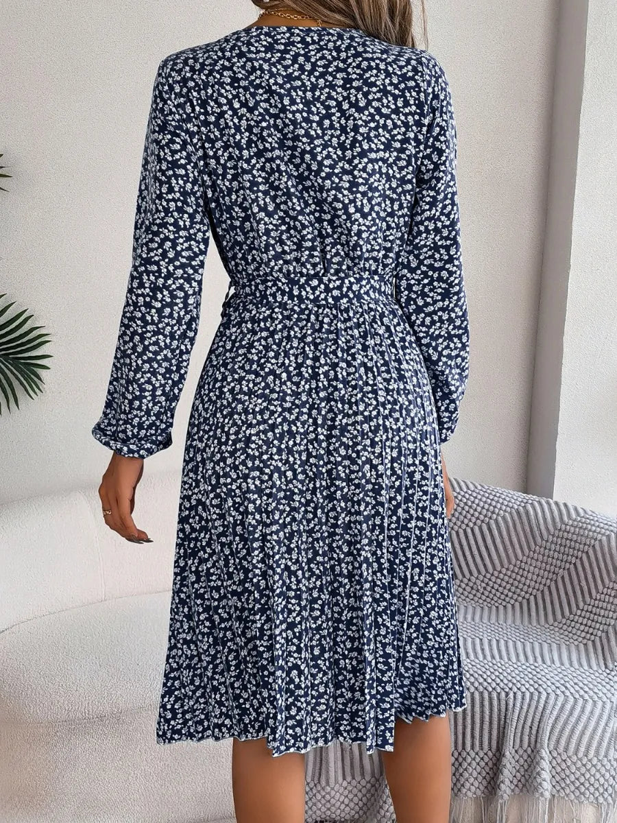 Ditsy Floral Tie Waist Pleated Dress - Blushé Belle