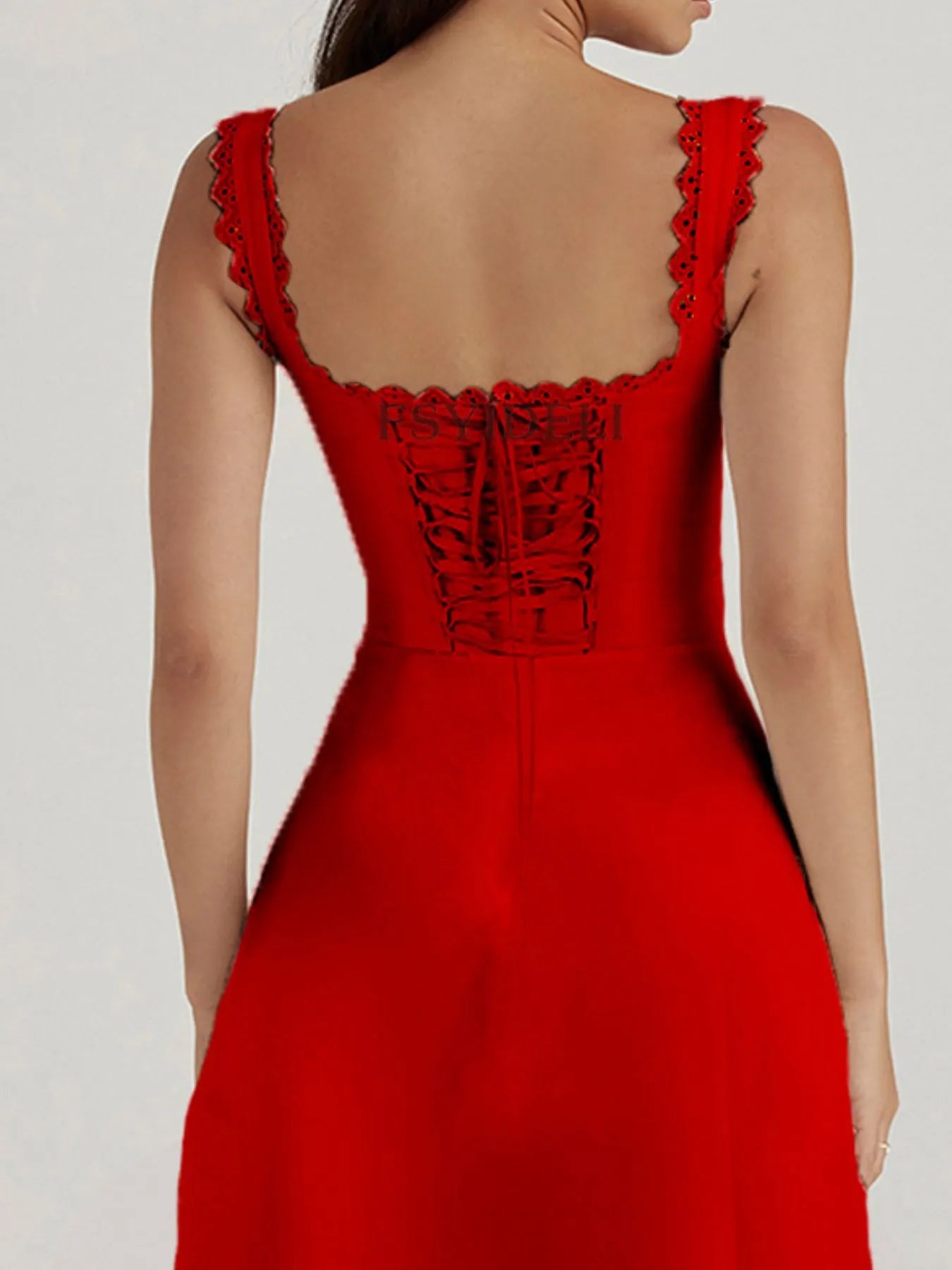 Scalloped V-Neck Midi Dress with Back Lace-Up - Blushé Belle