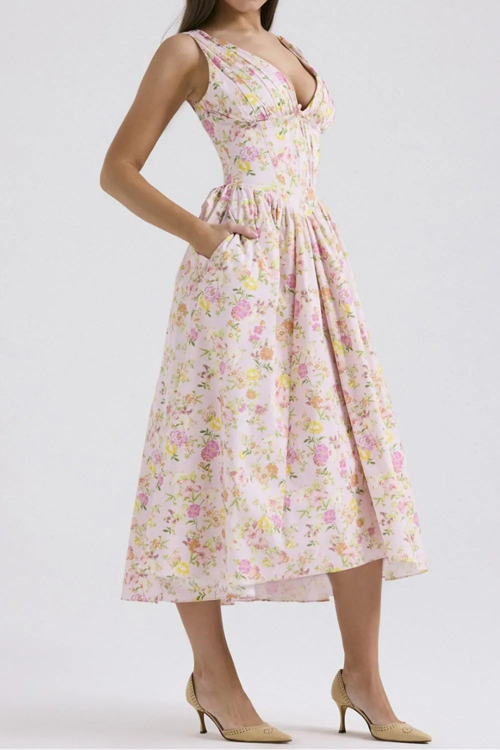 Floral V-Neck Sleeveless Midi Dress with Pockets - Blushé Belle