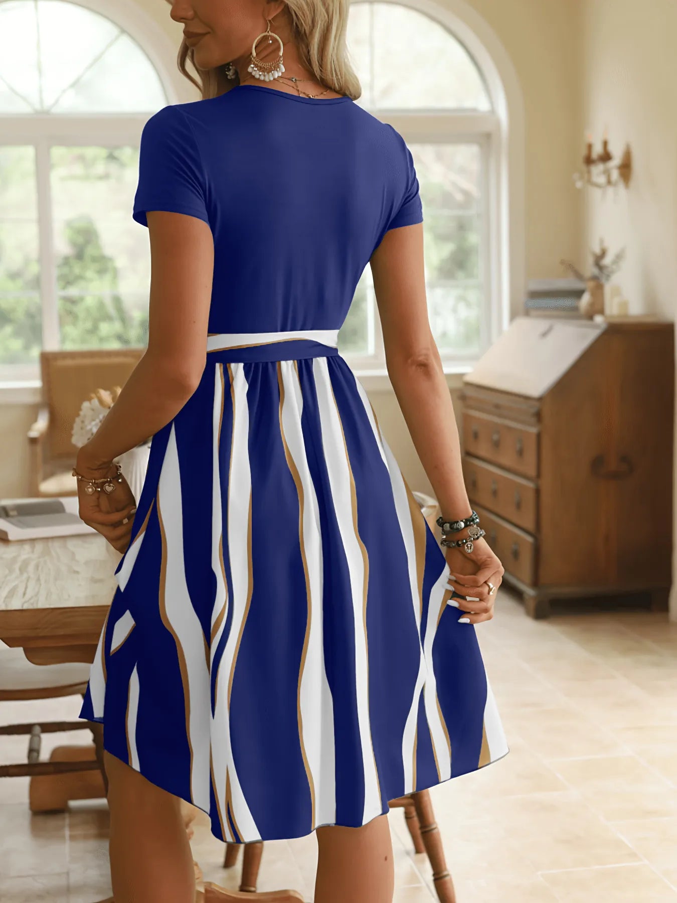 Striped Short Sleeve Tie Waist Dress - Blushé Belle