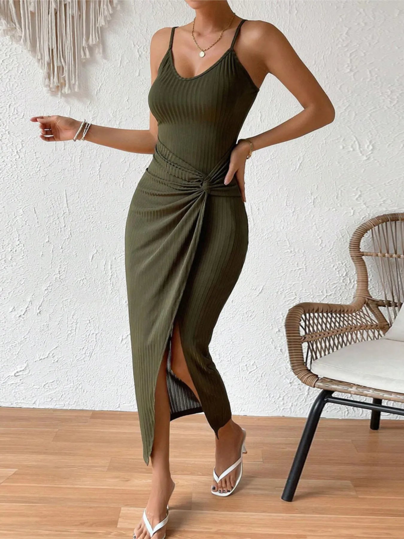 Ribbed Wrap Midi Dress with Side Slit - Blushé Belle