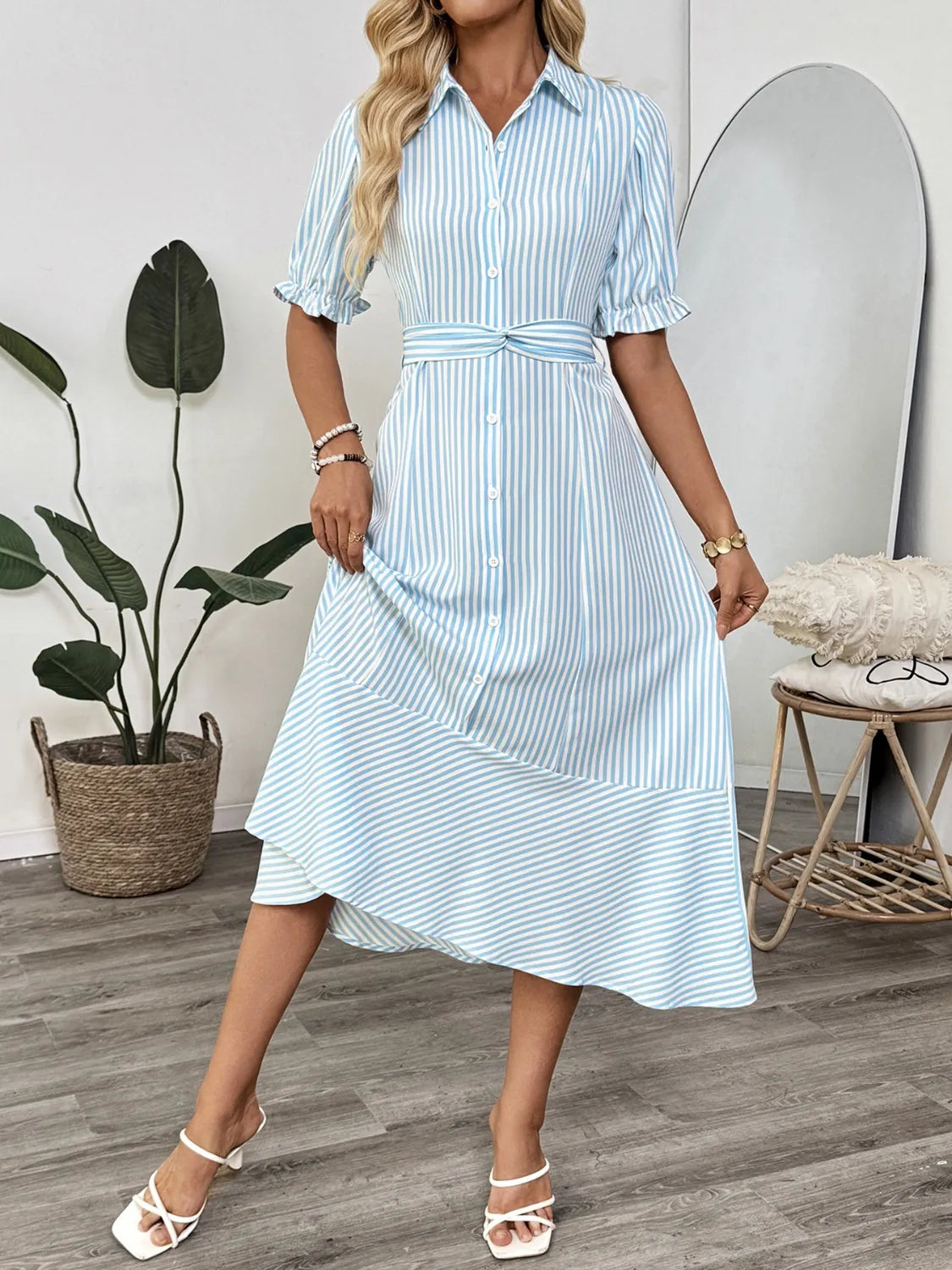 Striped Button-Down Midi Shirt Dress with Ruffle Sleeves - Blushé Belle