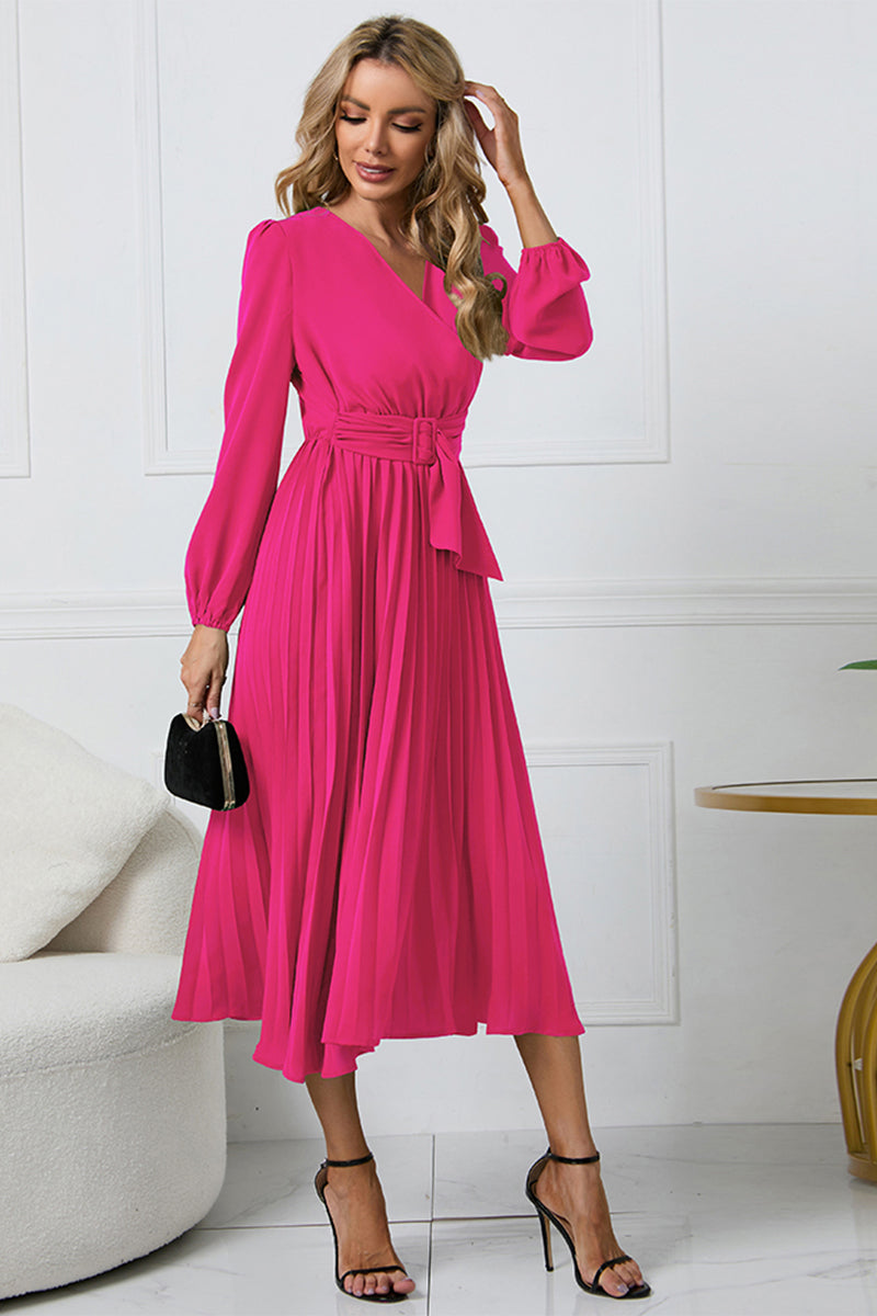V-Neck Long Sleeve Tie Waist Midi Dress - Blushé Belle