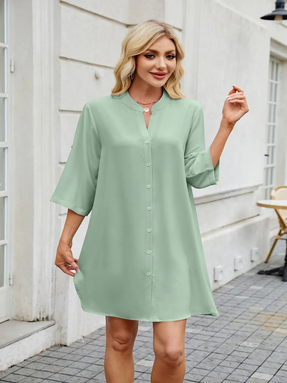 Notched Long Sleeve Mini Shirt Dress - Blushé Belle