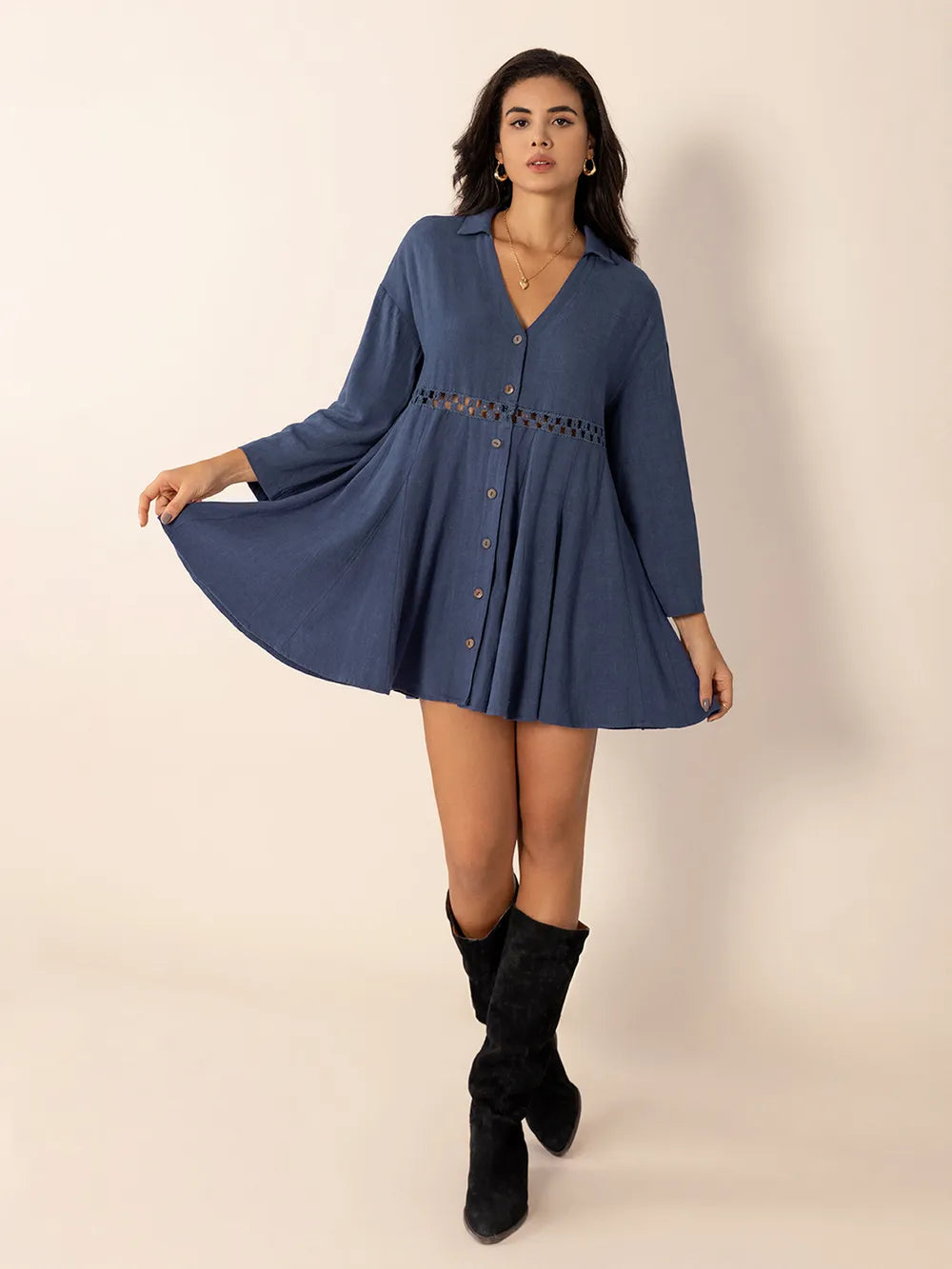 Cutout Johnny Collar Long Sleeve Mini Dress - Blushé Belle
